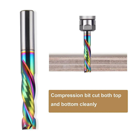 Compression CNC Router Bits Set For Woodworking, Spiral End Mills With One Eighth Inch Shank, Up And Down Cut, Two Flutes, Installed View