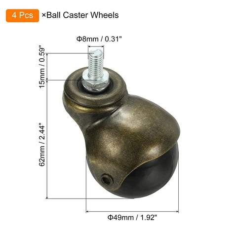 Close-up of a bronze ball caster wheel with 2-inch diameter, 360-degree swivel, and threaded stem for furniture.