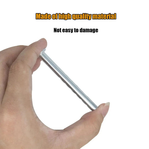 Close-up of hand holding a Clevis Pin with R Clip Quarter Inch by Two and One Half Inch Steel Set, 2 Pack for Farm Home Auto Maintenance.