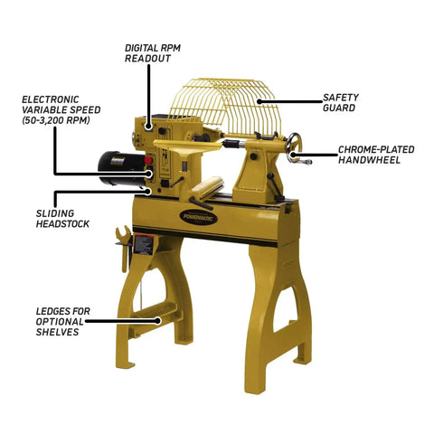 Heavy Duty Pro Grade Wood Lathe Powermatic 20 By 20 Inch Variable Speed With Reversible Turning, 2 HP 220V 1Ph, Digital RPM Readout