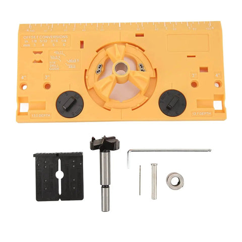 35mm Hinge Boring Jig Kit For Woodworking With Accurate Hinge Hole Drilling Guide Locator And One Sixteenth Inch Bit Durable ABS Panel Scratch Resistant Bright Yellow shown with components