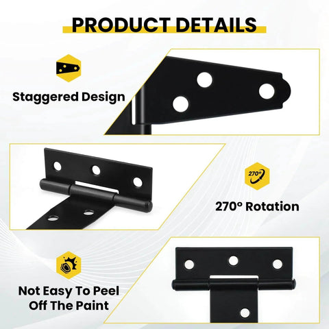 Close-up of 8 Pcs T Strap Gate Hinges Heavy Duty 2 Inch Black Iron Tee Shed Hinges with focus on staggered design and rotation.