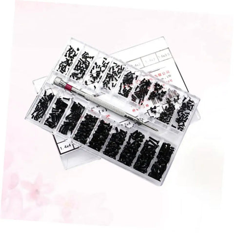 Miniature Screw Assortment Kit With 18 Sizes In Transparent Storage Case for glasses and DIY repairs shown in open view