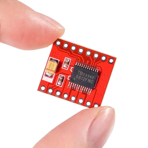Close-up view of TB6612FNG Dual DC Motor Driver Module for two motors, featuring 1.2A continuous and 3.2A peak current capabilities.