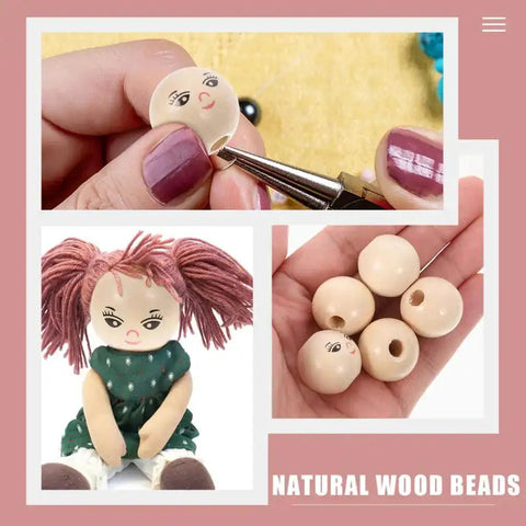 Round Wooden Smile Face Beads Set, 50 Pieces Doll Head Wood Beads for DIY Jewelry and Crafts, shown with doll and hands.
