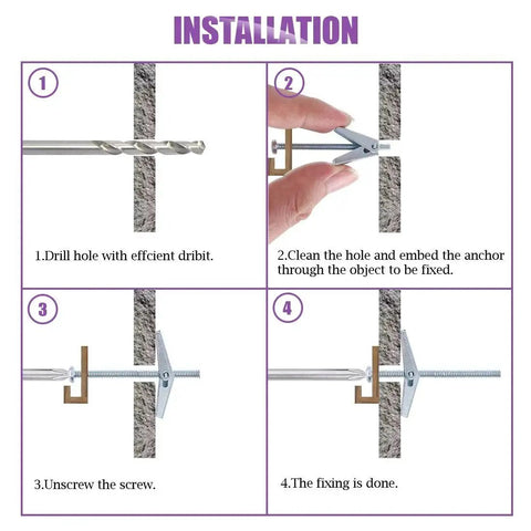 Installation guide for Assorted Toggle Bolts And Wing Nuts Kit For Drywall Hanging Heavy Items, step-by-step illustration.