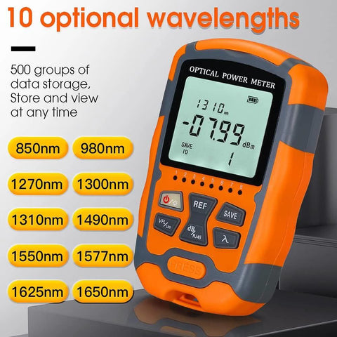 Amazon fiber optic tester kit with visual fault locator and optical power meter; orange handheld device with 10 wavelengths