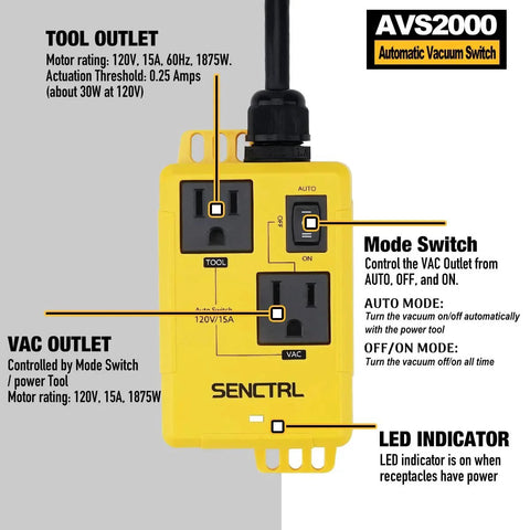 Front view of SENCTRL Automatic Vacuum Switch for Power Tools and Table Saws with mode switch and LED indicator features.
