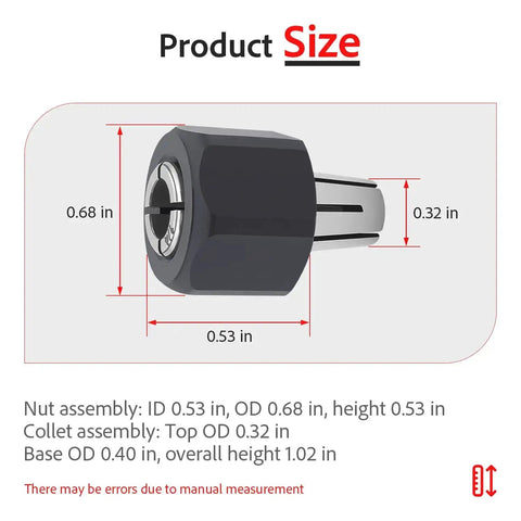 Self-Releasing Collet And Locking Nut Assembly For 1/4 Inch Routers, 6.35mm, product dimensions shown