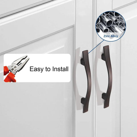 30 Pack Bridge Design Cabinet Handles installed, oil rubbed bronze zinc alloy drawer pulls, easy to install, 3 inch hole centers.