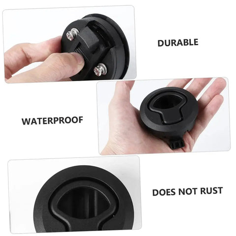 Round black flush pull slam latch for boat and RV cabinets; front view shows screw-in mount, waterproof.