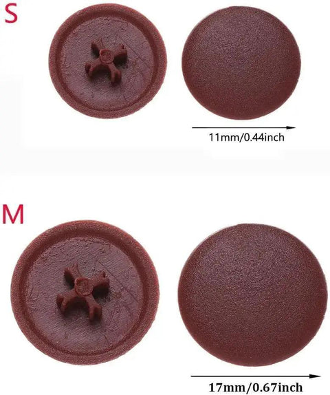 Brown screw cap covers for S and M sizes with 11mm and 17mm diameter, front and back view.