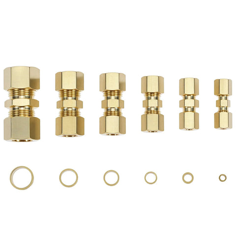 Brass compression tube fittings set with ferrules for 1/8–1/2 in OD; six rings included
