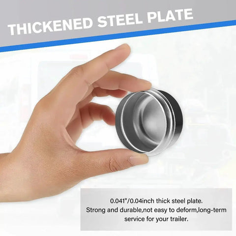 Hand holding 2 Pack 1.98 Inch Trailer Hub Dust Caps Replacement, Wheel Bearing Grease Covers For Trailers And Axles