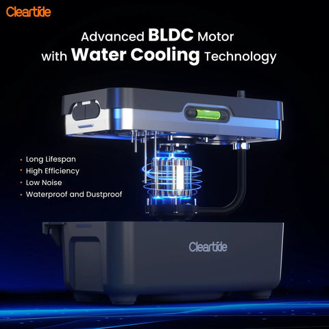 Cleartide condensate HVAC pump with gray housing and blue LED motor glow for air conditioners and dehumidifiers.
