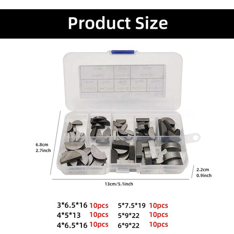 Pro Grade Engine Key And Half Moon Wedge Set In Storage Box with Carbon Steel Spring Wedges; durable for workshop use.