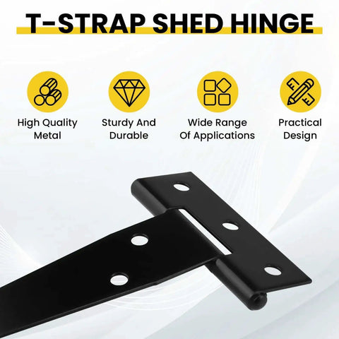 4 Pack Heavy Duty T Strap Gate Hinges for Barn Doors, black 4 inch tee hinge, close-up of rust-resistant iron construction