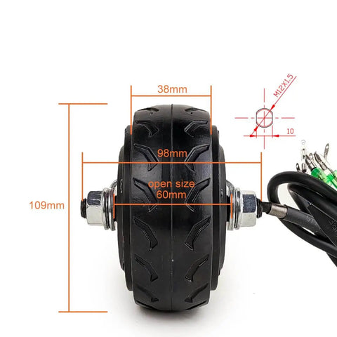Side view of 4 Inch Brushless Hub Motor For Electric Scooters, 200W Gearless Wheel, 105mm Diameter, with measurement annotations.