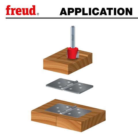 Illustration showing Freud Pro Grade Spoilboard Surfacing and Mortising Bit for creating hinge mortises in wood application.