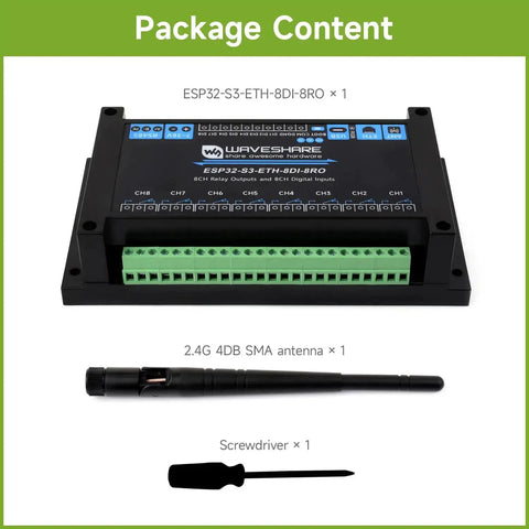 Package content including Industrial 8-Channel ESP32-S3 WiFi Relay Module with RS485 interface, antenna, and screwdriver