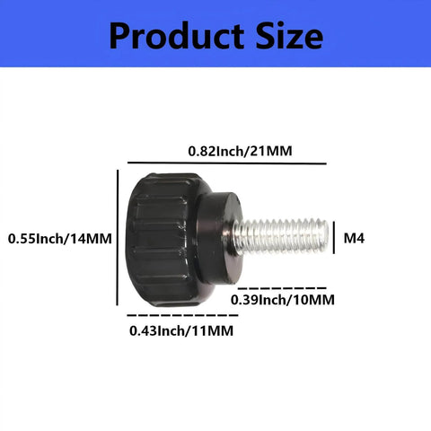 Side view of Ten Piece Set Of M4 X 10 Mm Knurled Threaded Thumb Screws in Black Round Clamping Grip Knobs. Dimensions labeled.
