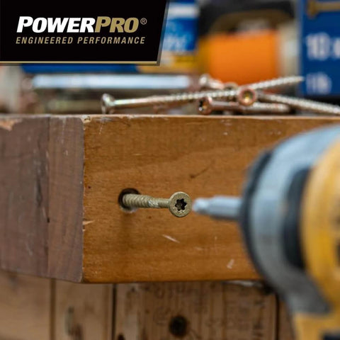 Power drill driving Premium Stainless Marine Deck Screws For Outdoor Wood Projects Inch Size Eight By One And Three Quarters Fastener Pack 172 Pieces 1 Pound Box Rust Resistant Coated 305 Stainless Steel For Faster Driving And Lasting Outdoor Use into wooden surface.