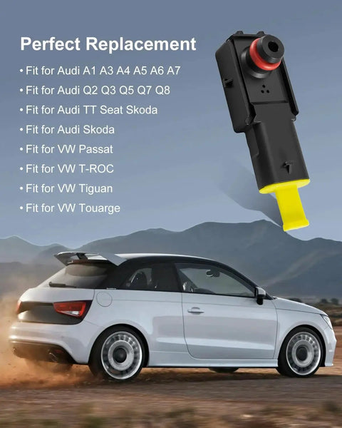 Close-up of brake booster pressure sensor for Audi and VW; black housing with red seal and yellow connector.