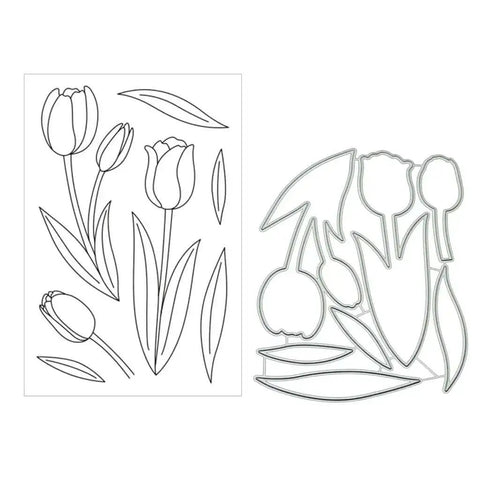 Clear Stamp And Die Set For Card Making And Scrapbooking featuring tulip shapes, TPR stamp with matching carbon steel cutting dies.