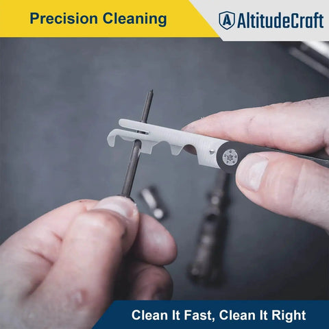 Hands using Carbon Scraper Tool For Precision Cleaning Of Mechanical Components Removes Carbon Buildup From Bolt Firing Pin Carrier