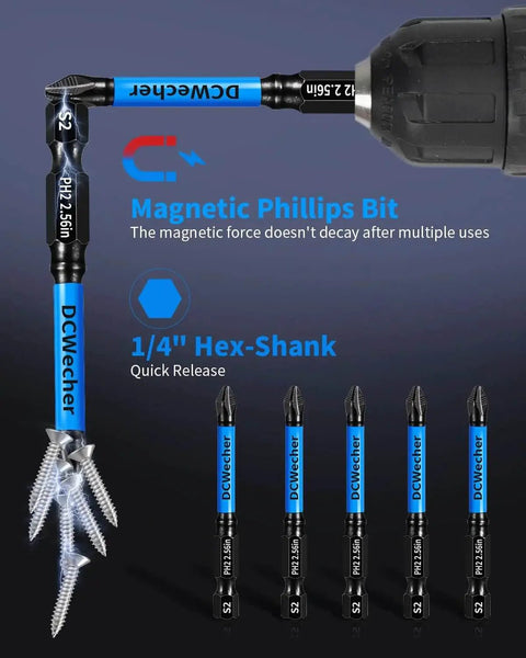 12 Pack Phillips Bits for Impact Drivers Magnetic Ph2 Set with Long Lengths 1 to 6 Inches S2 Alloy Steel CNC Anti Slip