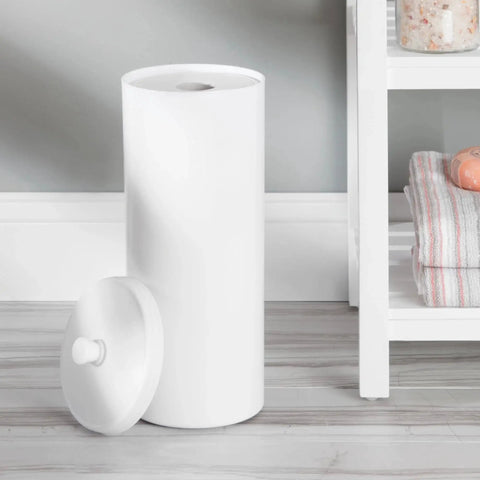 Freestanding Toilet Paper Storage Holder With Lid For 3 Extra Rolls White Floor Stand Organizer For Bathroom Discreet Modern Design