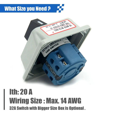 Front view of 20A Rotary Changeover Switch With Exterior Box On Off On 660V Latching Universal Selector, IP65, industrial use