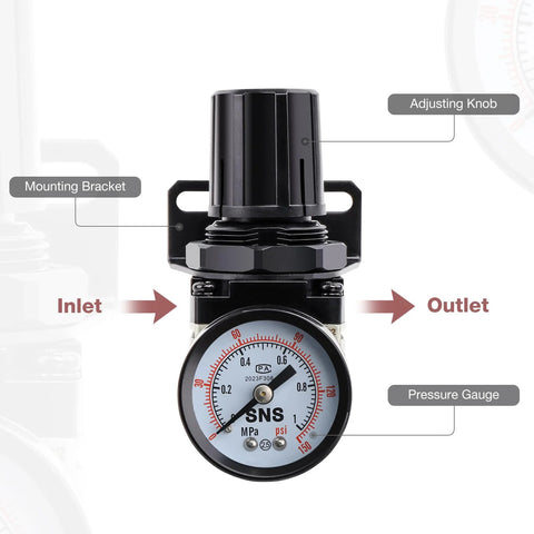 SNS air compressor regulator with mounting bracket and gauge, 1/4 NPT female thread, 0–150 psi, AR2000-N02.