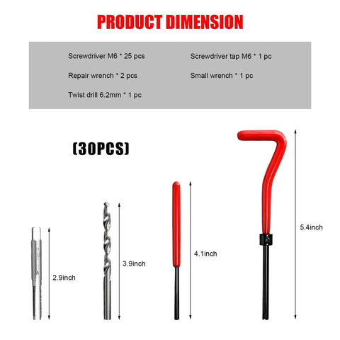 30 Piece M6 X 1.0mm Thread Repair Insert Kit Stainless Steel With Drill Bit And Install Tool dimensions with tools shown