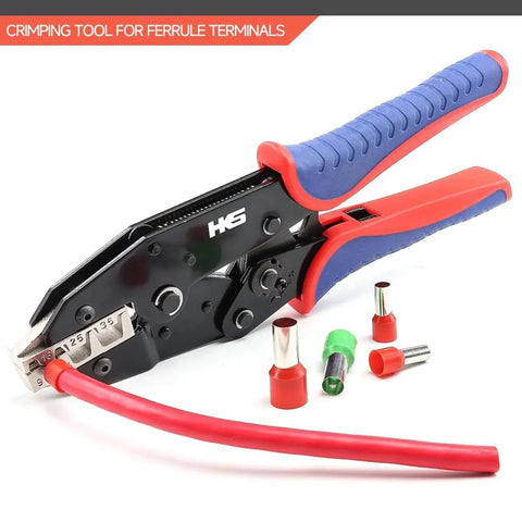Pro-Grade Ratcheting Crimping Tool For Sleeves Ferrule Ends And Pin Terminals, Heavy-Duty Wire Crimper, fits AWG 10-2 cables, red handle