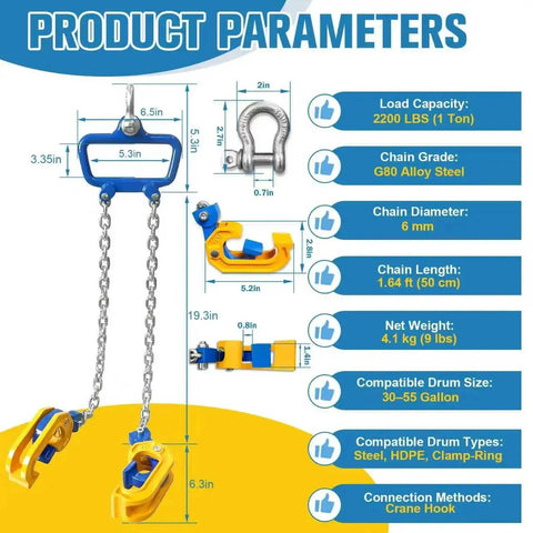 Front view of SENKEYFE chain drum lifter, frame with dual bottom clamps and hanging chain, 2200 lb capacity
