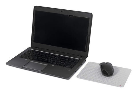 Laptop beside Precise Mouse Pad With Repositionable Adhesive Back For Optical Mice At High Speeds, extends battery life, ultra thin design.
