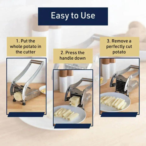 Homemade Fries Made Easy With A French Fry Cutter That Has Two Blades For Shoestring And Steak Fries Stainless Steel Potato Slicer With Non Slip Suction Cups Game Changing Manual Press For Perfect Crispy Results By Classic Cuisine in use, cutting potatoes.