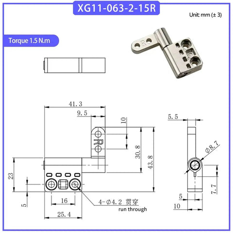 360° rotating zinc alloy damping hinge, front view, for ships/automobiles, 1 pc, model XG11-063-2-15R