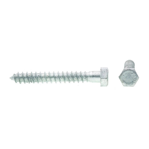 Heavy Duty Galvanized Hex Lag Screws Three Eighths Inch By Three Inches A307 Grade A Hot Dip Galvanized Steel With Six Sided Hex Head And Deep Wood Threads No Nut Required For Decks And Other Heavy Wood Projects Pilot Hole Required 25 Pack From - side view of screws showing threads.