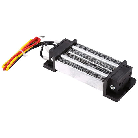 12V PTC ceramic air heater element with aluminum fins, black plastic ends, and red/yellow/black wires
