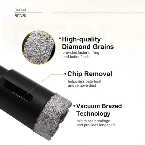 Diamond Core Drill Bit For Porcelain Ceramic Tile Marble And Stone Vacuum Brazed One And Three Eighths Inch 35mm With Five Eighths Inch Arbor For Angle Grinder Dry And Wet Drilling featuring diamond grains, chip removal, and vacuum brazed technology.