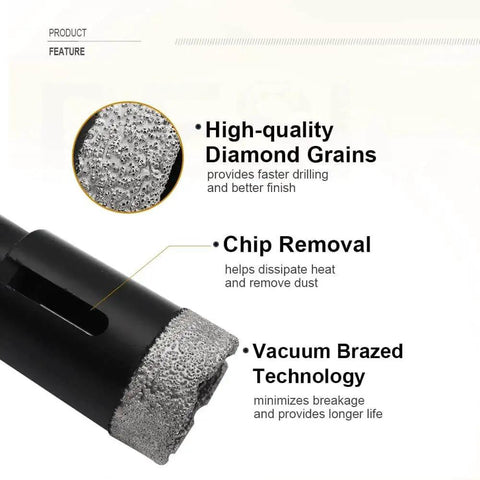 Heavy Duty Diamond Core Drill Bits Set For Porcelain Tile Granite Marble Stone And Brick Vacuum Brazed Hole Saws 6 Piece Kit With 6 8 10 25 35 51mm Diameters For Clean Cuts And Long Lasting Performance SHDIATOOL close-up showing diamond grains and vacuum brazed technology features