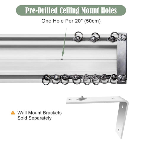 Heavy Duty Conjoined Double Track Curtain Rail System Ceiling Mount White 9.5ft With Silent Ball Bearing Runners and pre-drilled holes