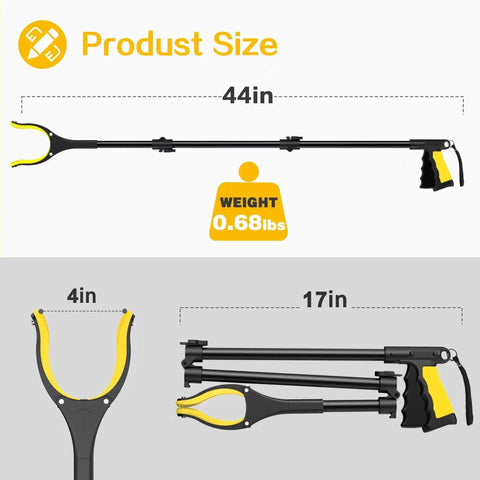 Extra Long 44 Inch Grabber Reacher Tool For Seniors With Foldable Trash Pickup Magnetic Tips 360 Degree Rotating Anti Slip Jaw
