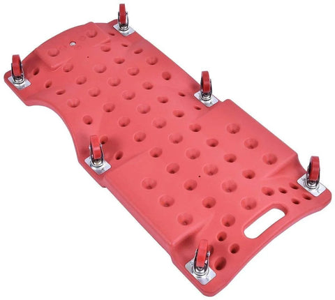 Red creeper board with Six Pack 2.5 Inch Heavy Duty Swivel Caster Wheels with M10x25mm Threaded Post Mount, 360 degree rotation