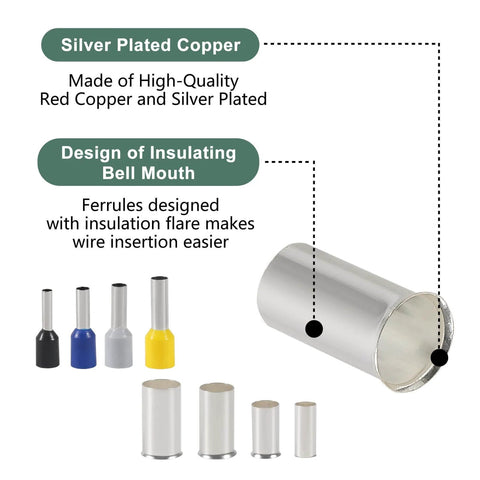 400 Piece Wire Ferrule Terminal Kit With Silver Plated Copper Ferrules Crimp Connectors Insulated Cord Pin Ends And Sleeves Close-up