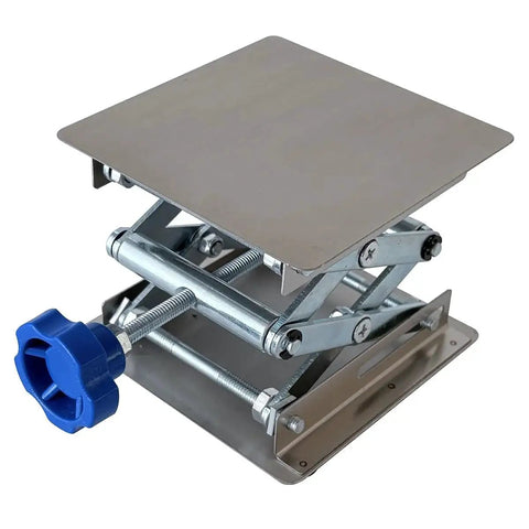 Stainless Steel Lab Jack Stand Scissor Lift Table 4x4 Inch Adjustable Height with blue knob and metal platform