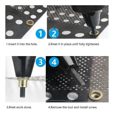 Demonstration of 3/8-16 Carbon Steel Rivet Nuts Assortment Kit Flat Head UNC Inserts 100 Pcs being installed on a metal panel.
