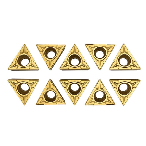 Carbide External Turning Inserts TCMT32.51 10 pcs for STFCR tool holders, visible as triangular inserts with central holes for steel workpieces.